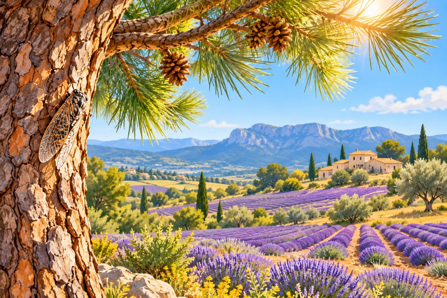 Branche de pin au soleil en Provence avec une cigale posée sur l'écorce et des champs de lavande en arrière-plan