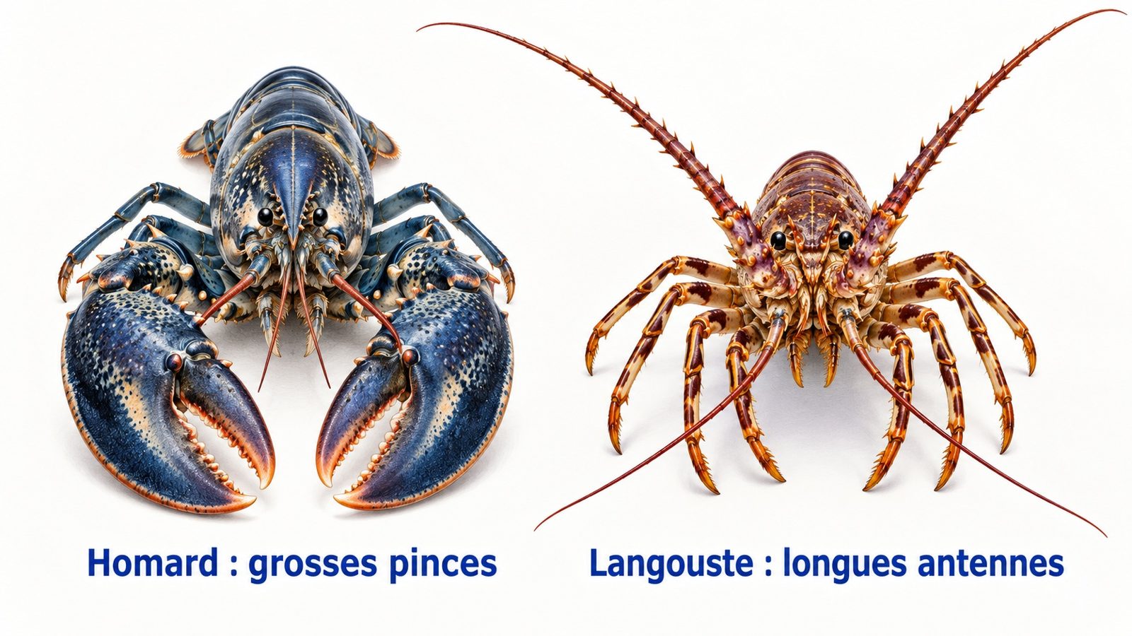 Comparaison de l'avant d'un homard avec ses grosses pinces et de l'avant d'une langouste avec ses longues antennes