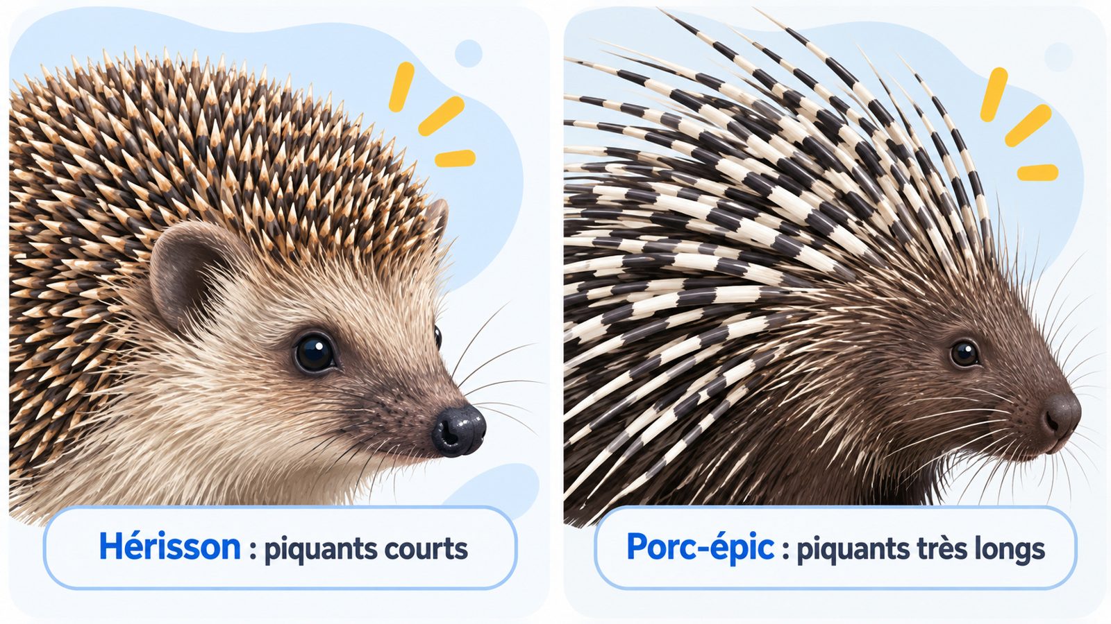 Comparaison des piquants courts et serrés d'un hérisson et des longs piquants rayés noir et blanc d'un porc-épic