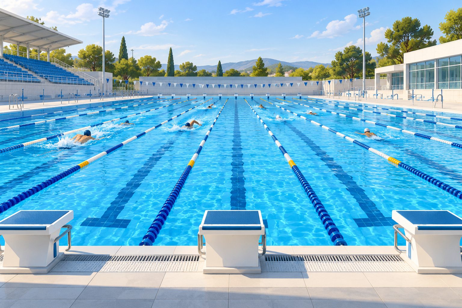 Bassin de natation de 50 mètres avec ses lignes d'eau et des nageurs à l'entraînement