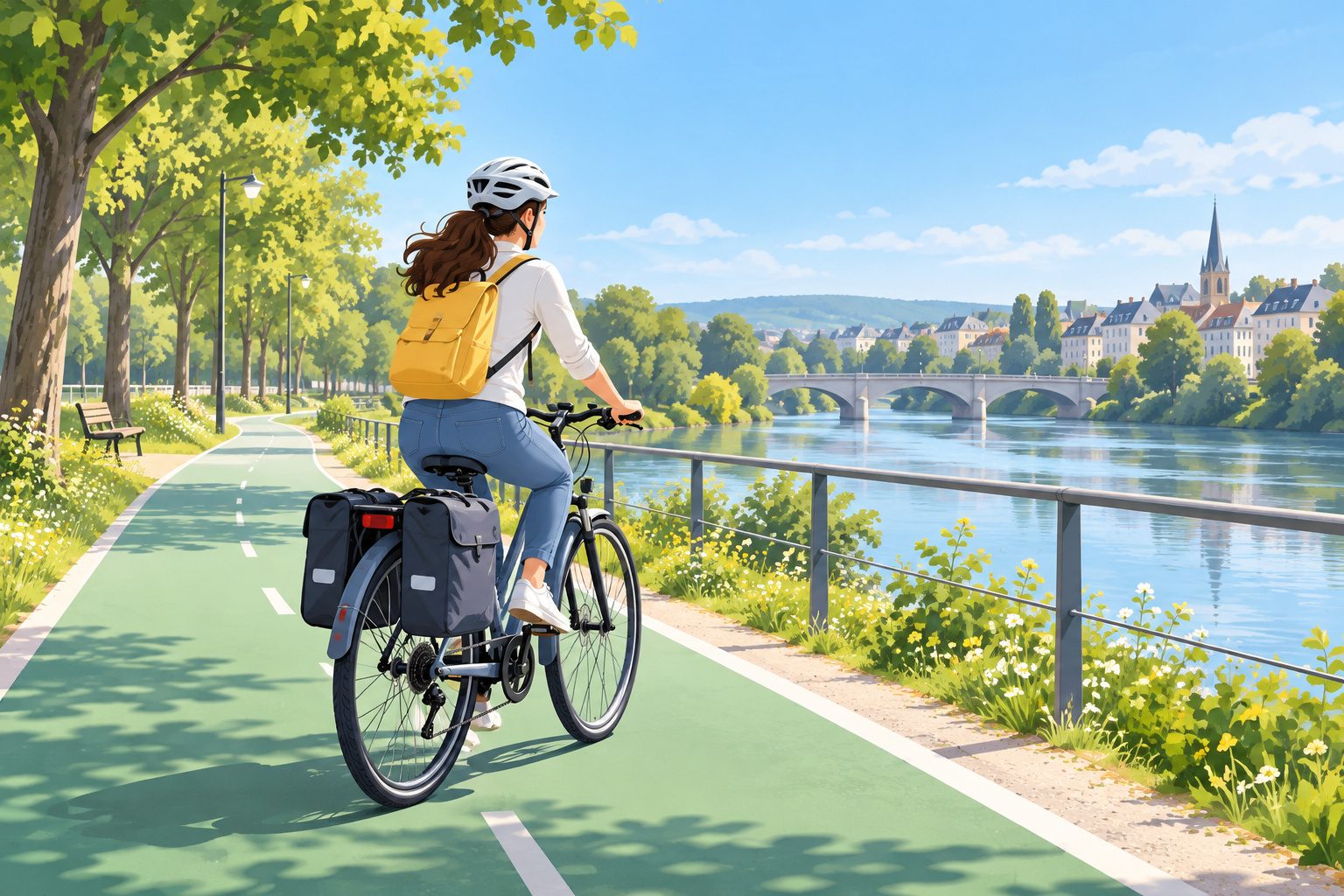 Cycliste sur un VTC équipé de garde-boue et de sacoches sur une piste cyclable le long d'une rivière