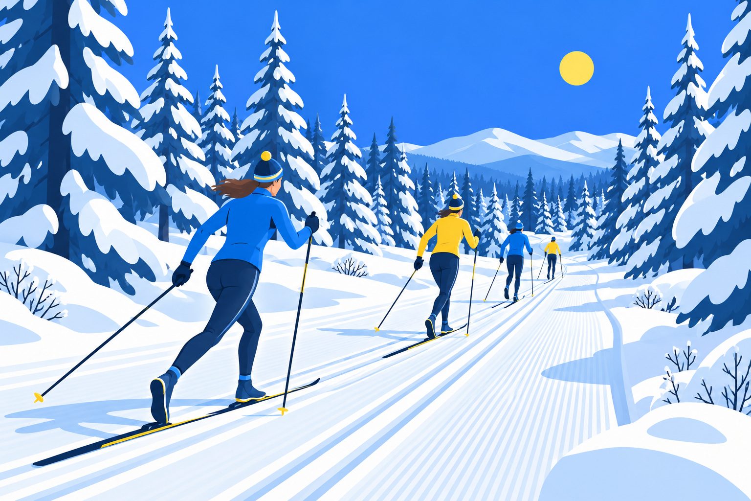 Skieurs de fond glissant sur une piste damée dans une forêt de sapins enneigés sous un ciel bleu