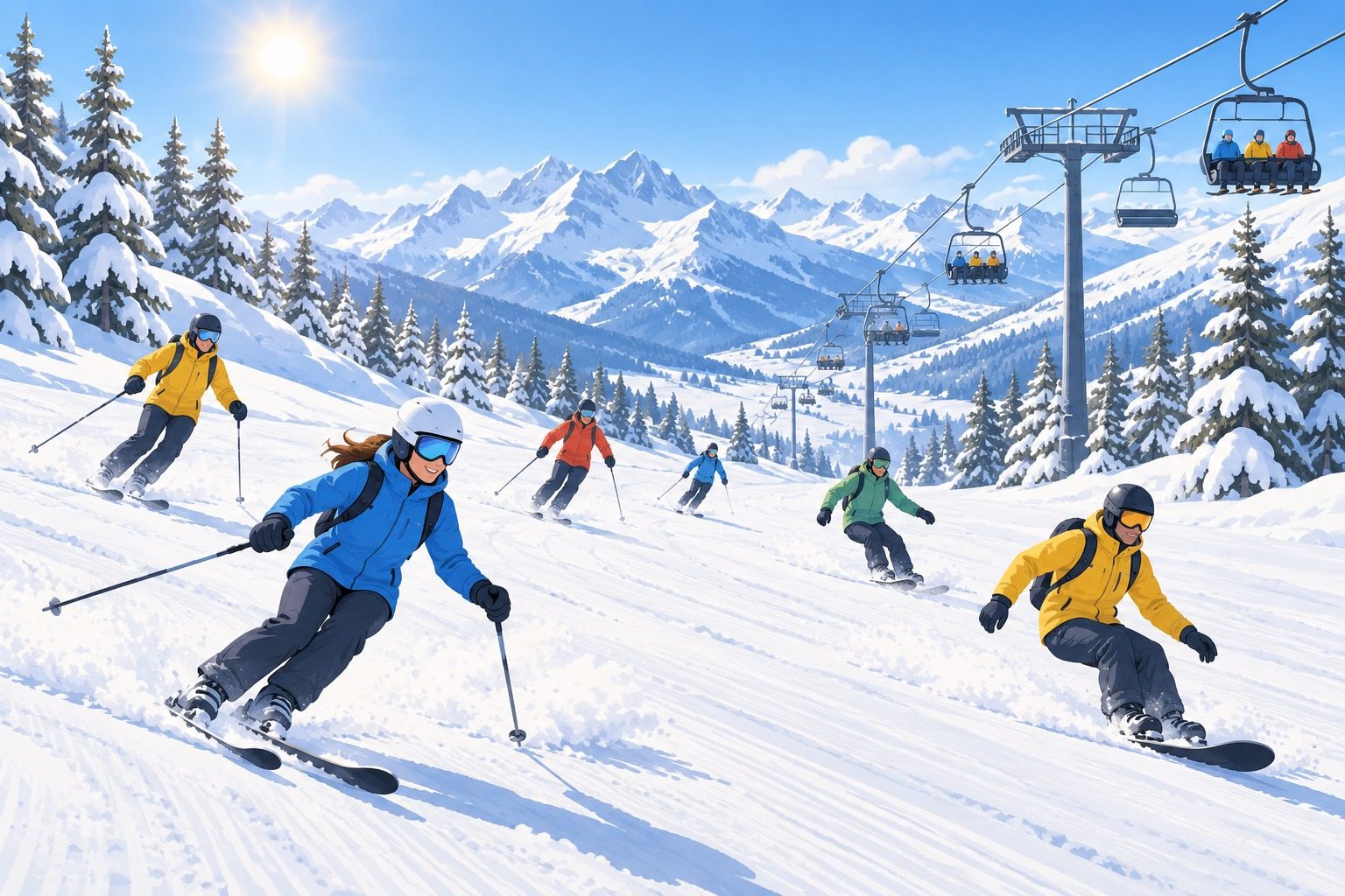 Piste de station de ski ensoleillée avec des skieurs et des snowboardeurs qui descendent ensemble