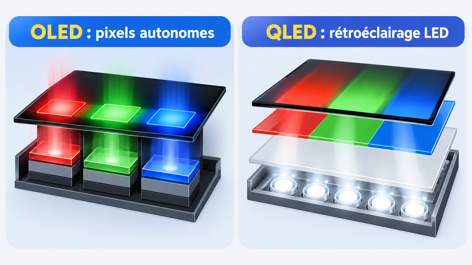 Schéma comparant les pixels d'un écran OLED qui s'allument seuls et un écran QLED éclairé par un rétroéclairage LED