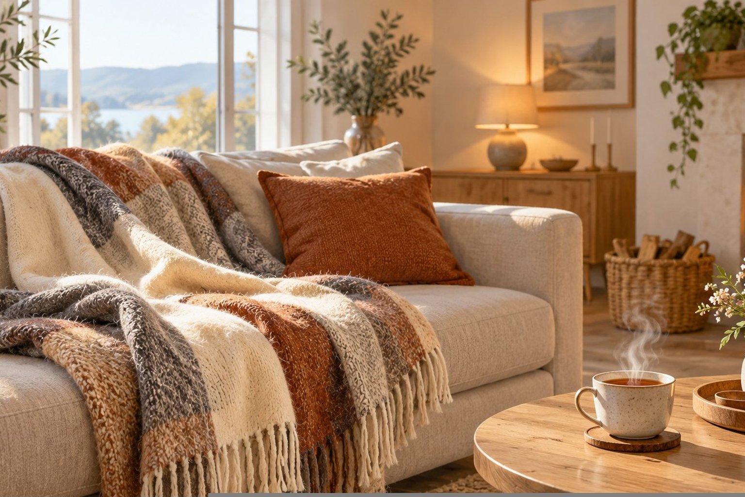 Plaid en laine douce posé sur un canapé avec un coussin et une tasse de thé fumante sur une table basse