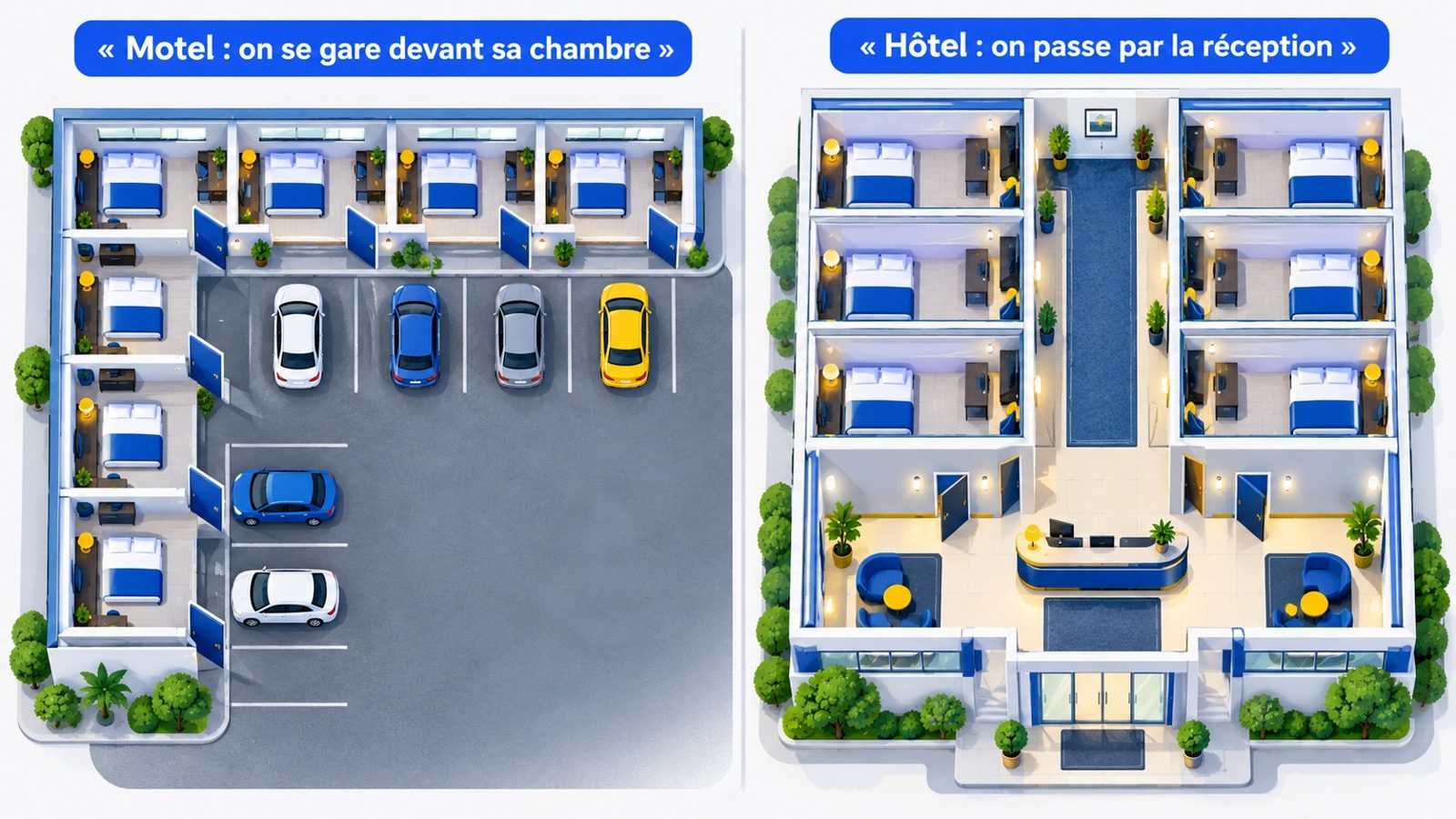 Schéma comparant un motel en L avec les portes face au parking et un hôtel avec hall et couloirs intérieurs
