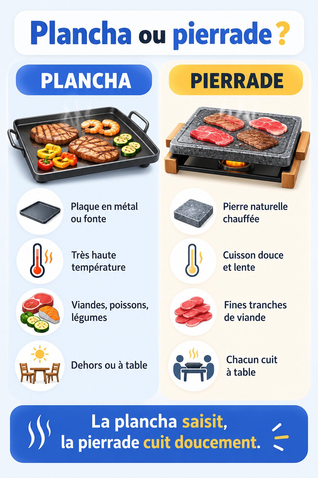 Différence entre plancha et pierrade : infographie comparative