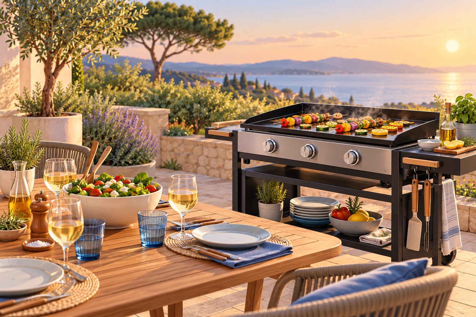 Plancha sur une terrasse en été avec brochettes et légumes grillés