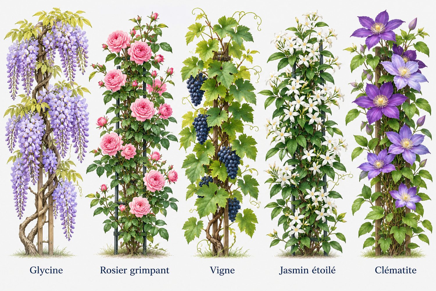 Plantes grimpantes pour pergola et tonnelle : glycine, rosier, vigne, jasmin étoilé, clématite