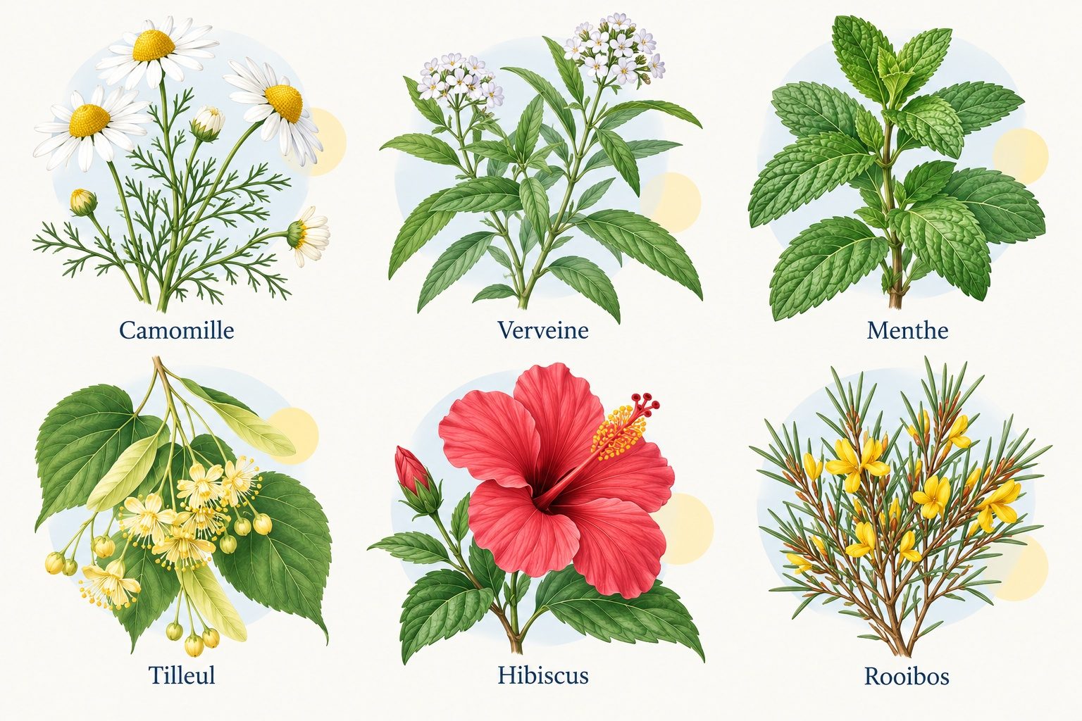 Plantes à infusion : camomille, verveine, menthe, tilleul, hibiscus et rooibos