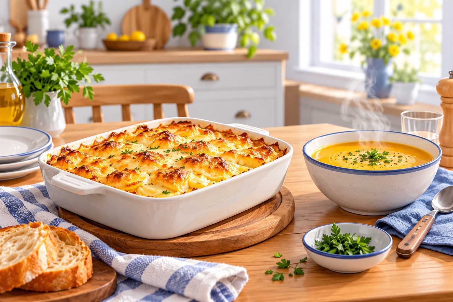Plat de gratin doré qui sort d'un four, à côté d'un bol de soupe réchauffé au micro-ondes