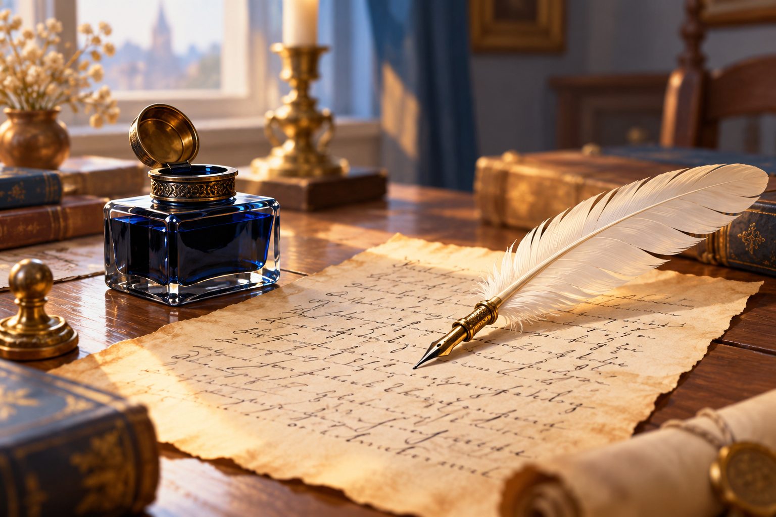 Plume d'oie posée sur une feuille de poème manuscrit à côté d'un encrier, dans une lumière douce de bureau ancien