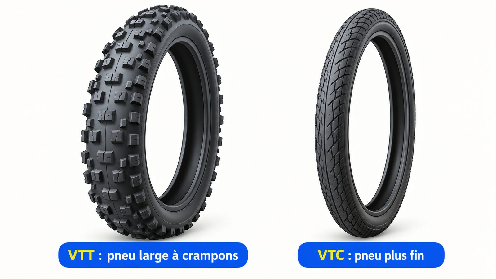 Comparaison d'un pneu large à crampons de VTT et d'un pneu plus fin de VTC