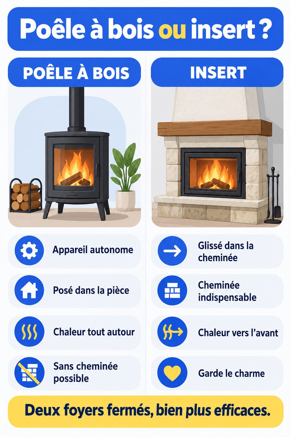 Différence entre poêle à bois et insert : infographie comparative