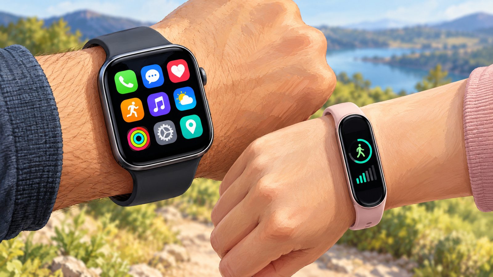Deux poignets côte à côte, l'un portant une montre connectée à grand écran affichant des applications, l'autre un bracelet connecté fin affichant un nombre de pas