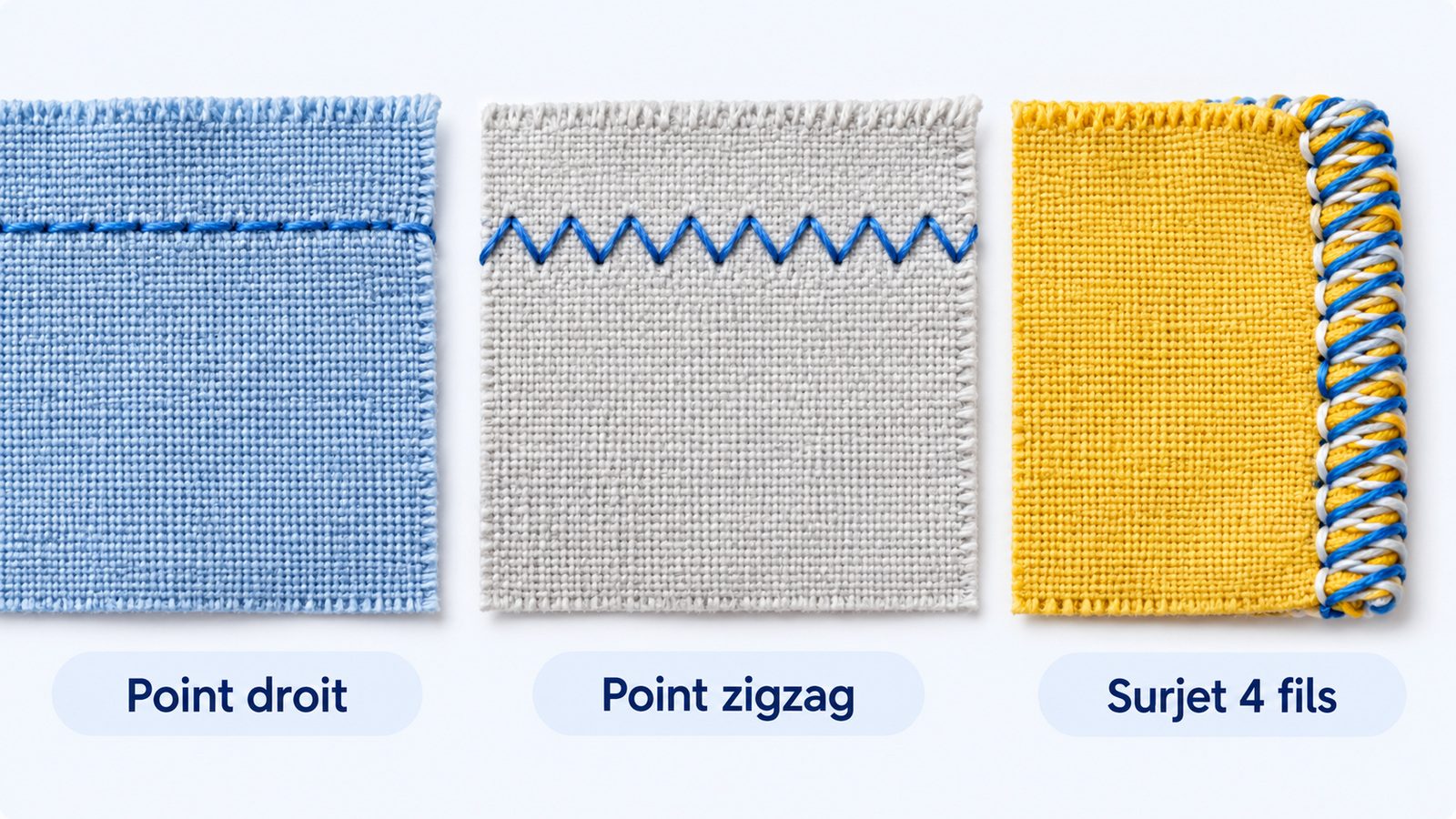 Comparaison du point droit, du point zigzag et du surjet 4 fils