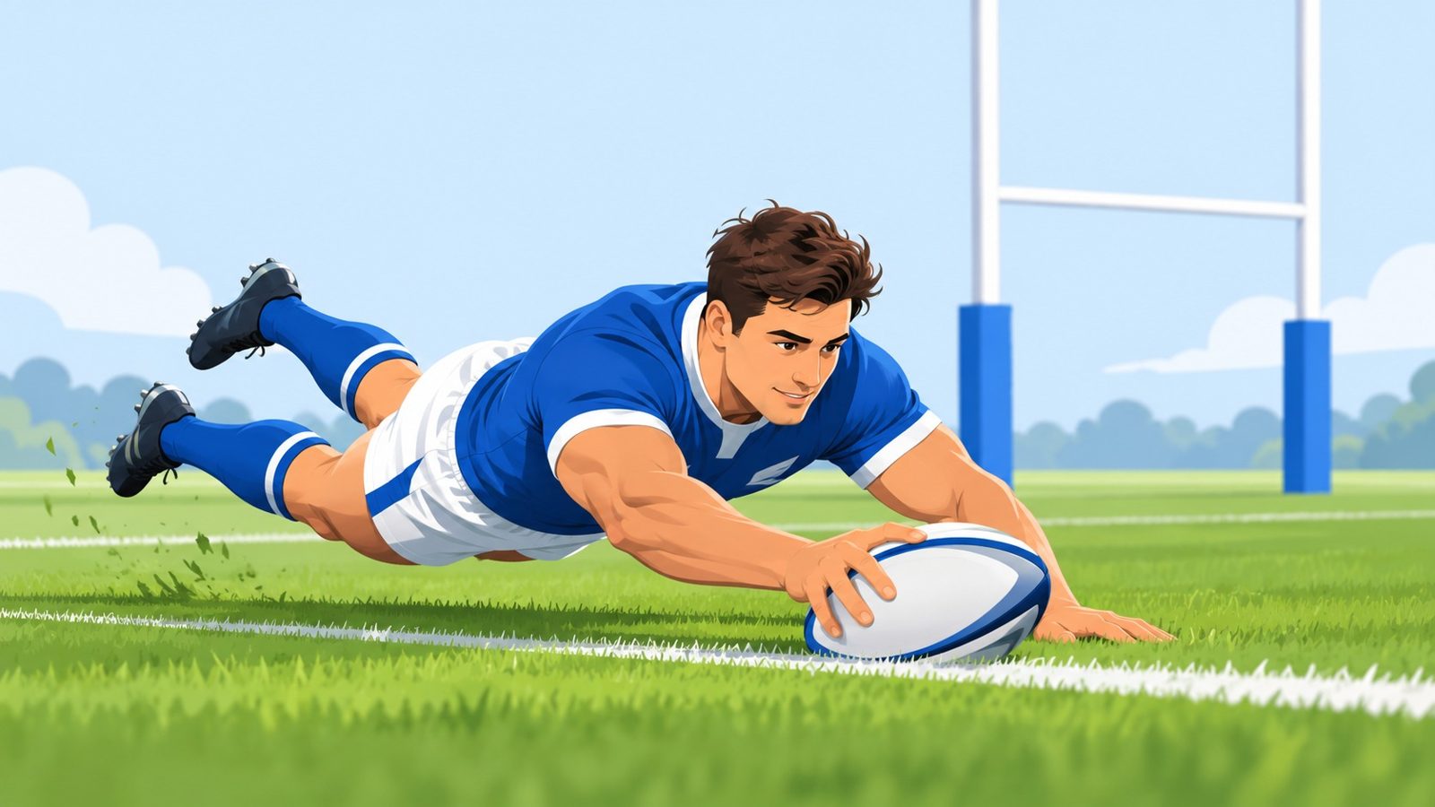 Joueur de rugby en maillot bleu qui plonge pour marquer un essai derrière la ligne, poteaux en arrière-plan
