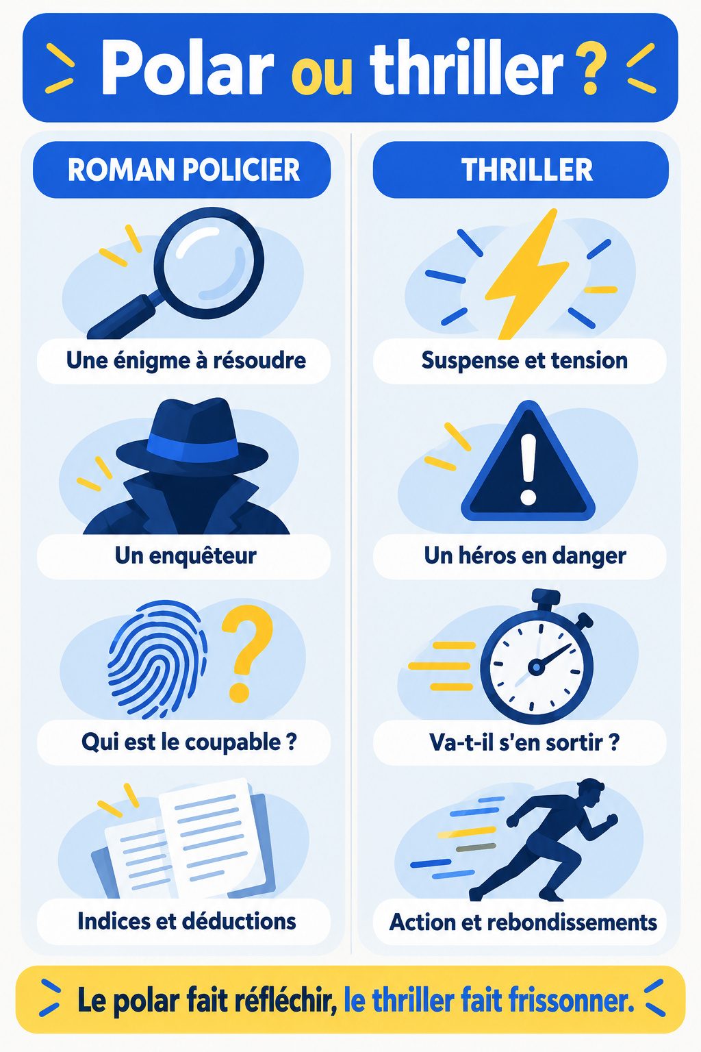 Différence entre roman policier et thriller : infographie comparative