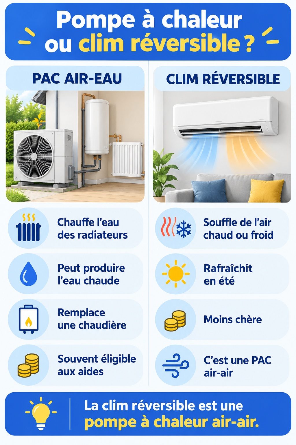 Différence entre pompe à chaleur et clim réversible : infographie comparative