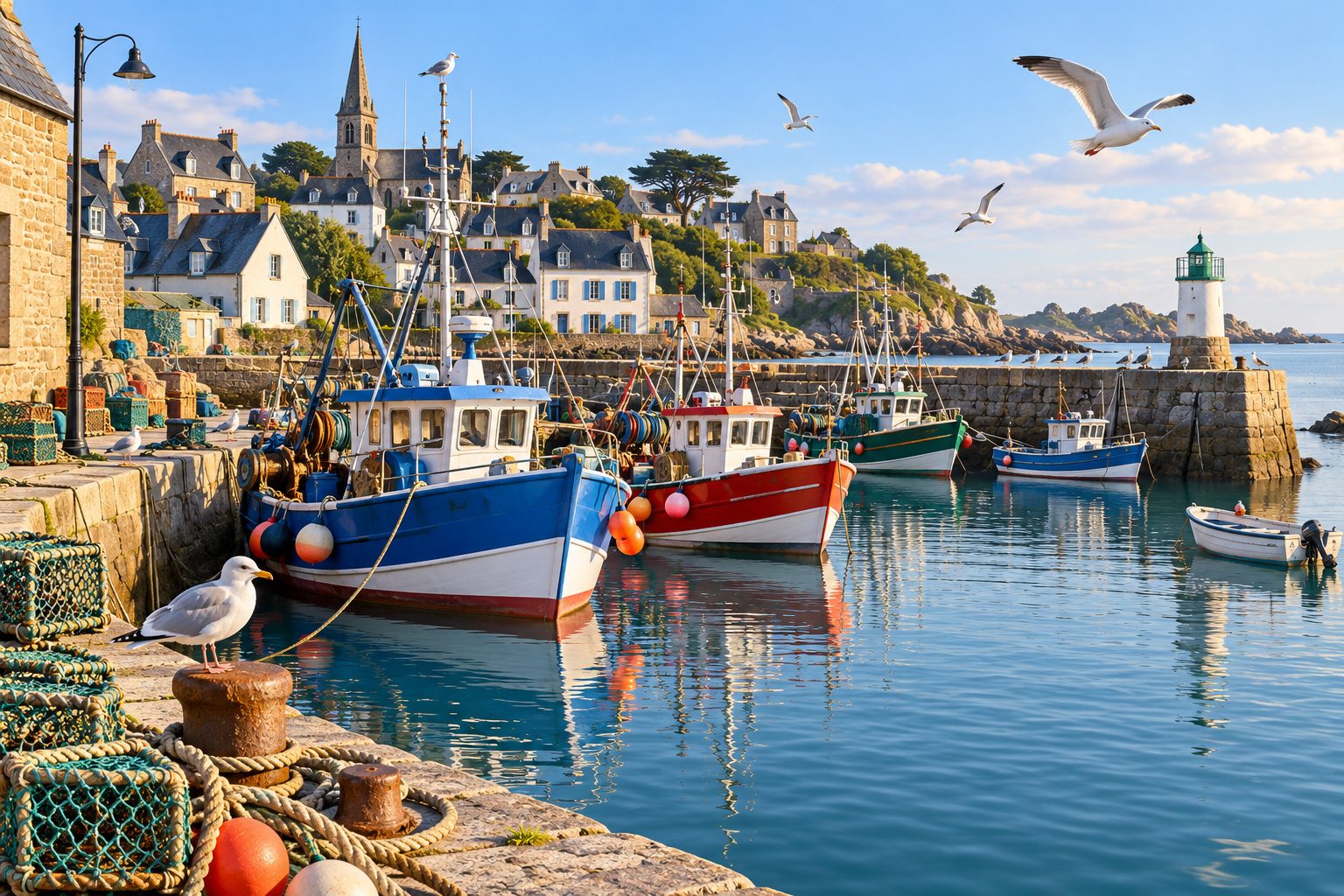 Goélands posés sur les bateaux et les quais d'un port de pêche