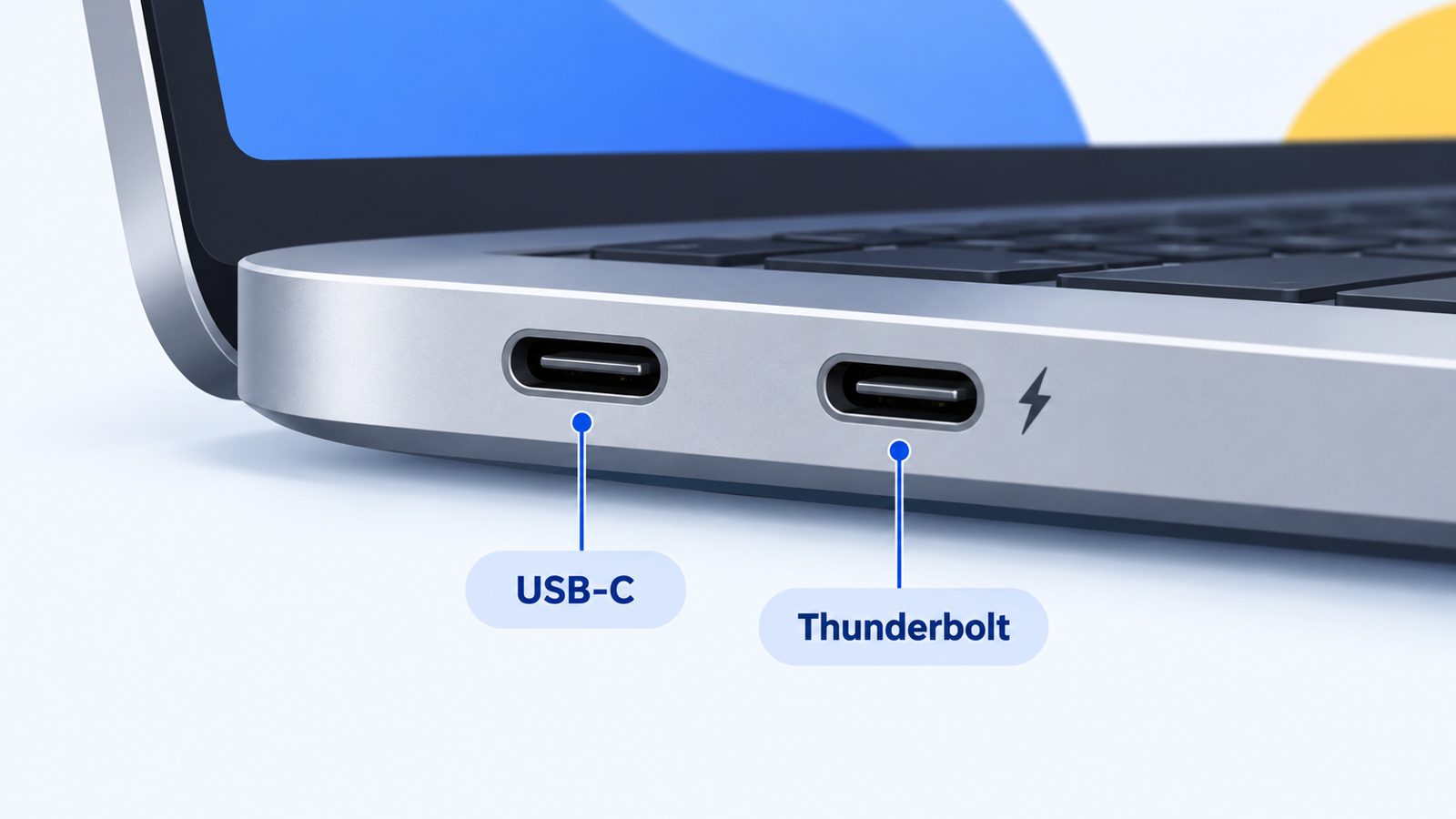 Gros plan sur le côté d'un ordinateur portable avec un port USB-C simple et un port Thunderbolt marqué d'un logo éclair