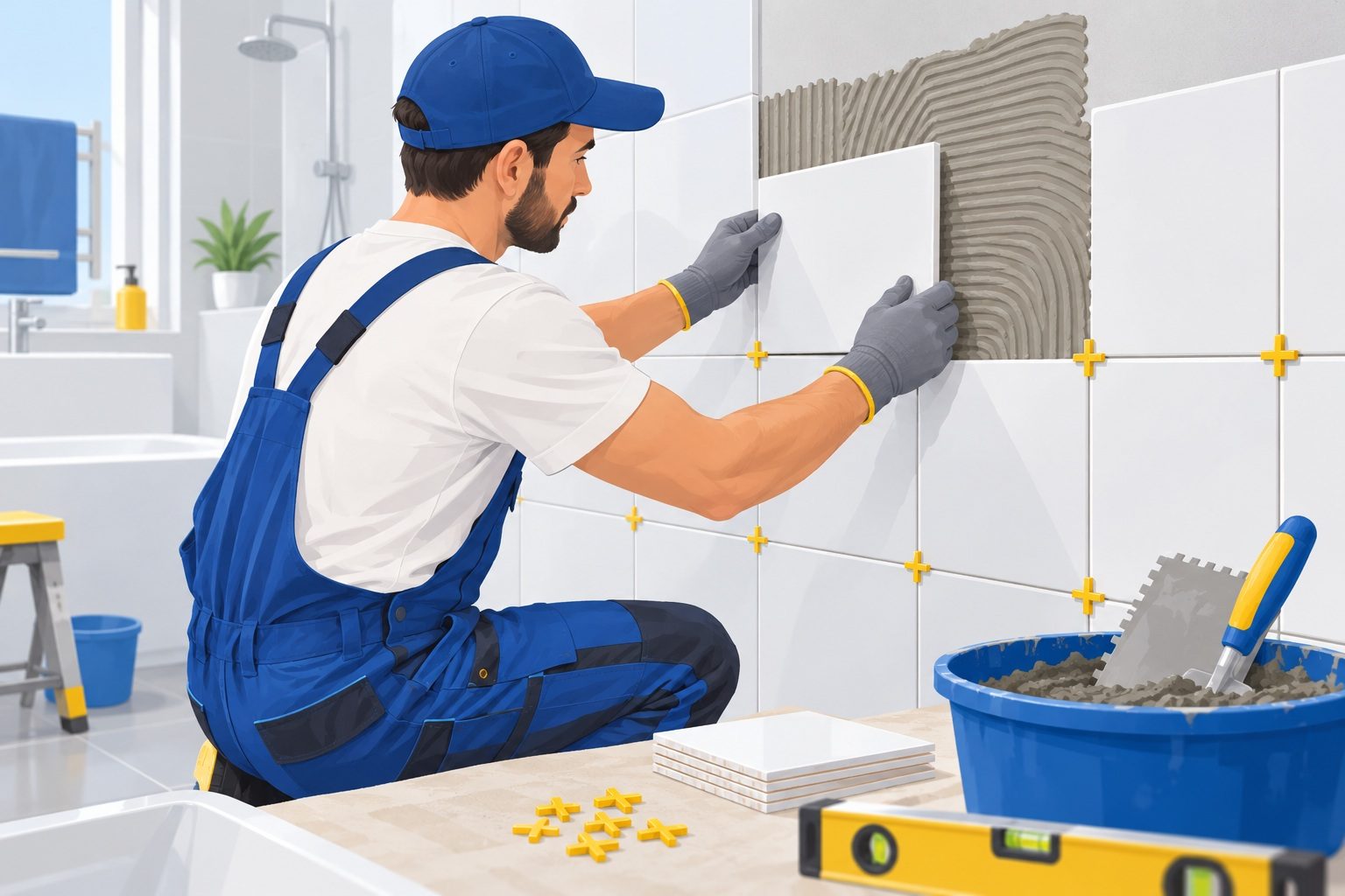 Carreleur posant des carreaux de faïence sur un mur de salle de bains avec une truelle et des croisillons
