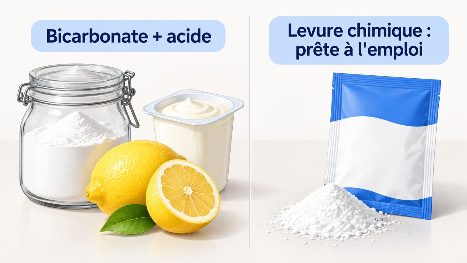 Comparaison d'un pot de bicarbonate de soude et d'un sachet de levure chimique posés sur un plan de travail fariné