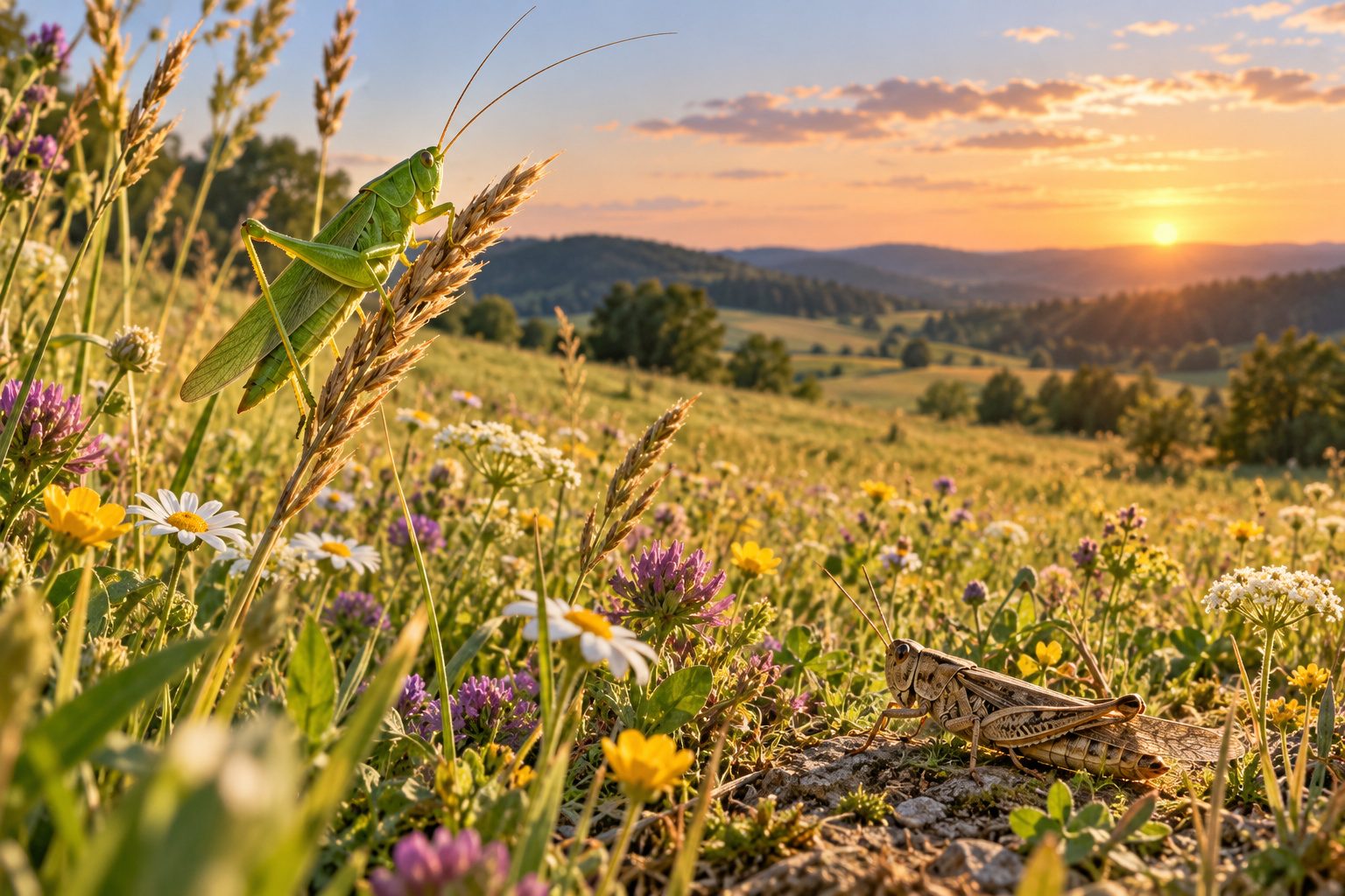 Prairie fleurie en été avec une sauterelle verte sur une tige et un criquet brun posé au sol
