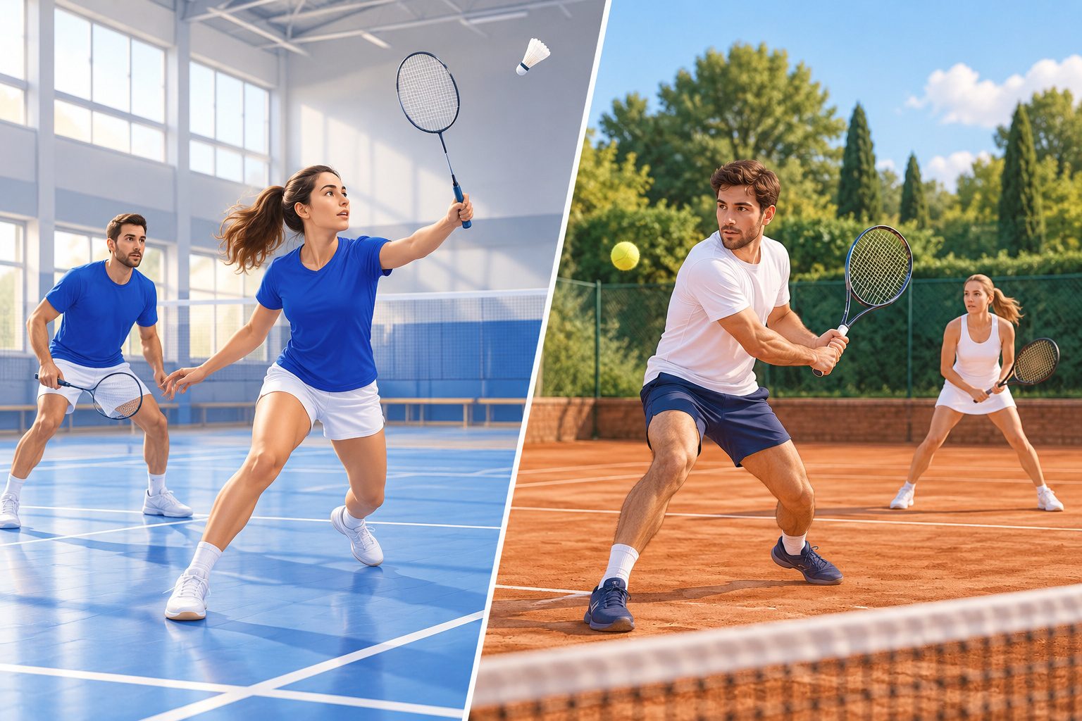 Deux joueurs de badminton dans un gymnase lumineux et deux joueurs de tennis sur un court extérieur en terre battue