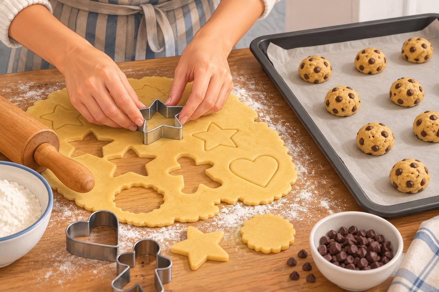 Mains qui découpent des sablés à l'emporte-pièce dans une pâte étalée, à côté de boules de pâte à cookies posées sur une plaque