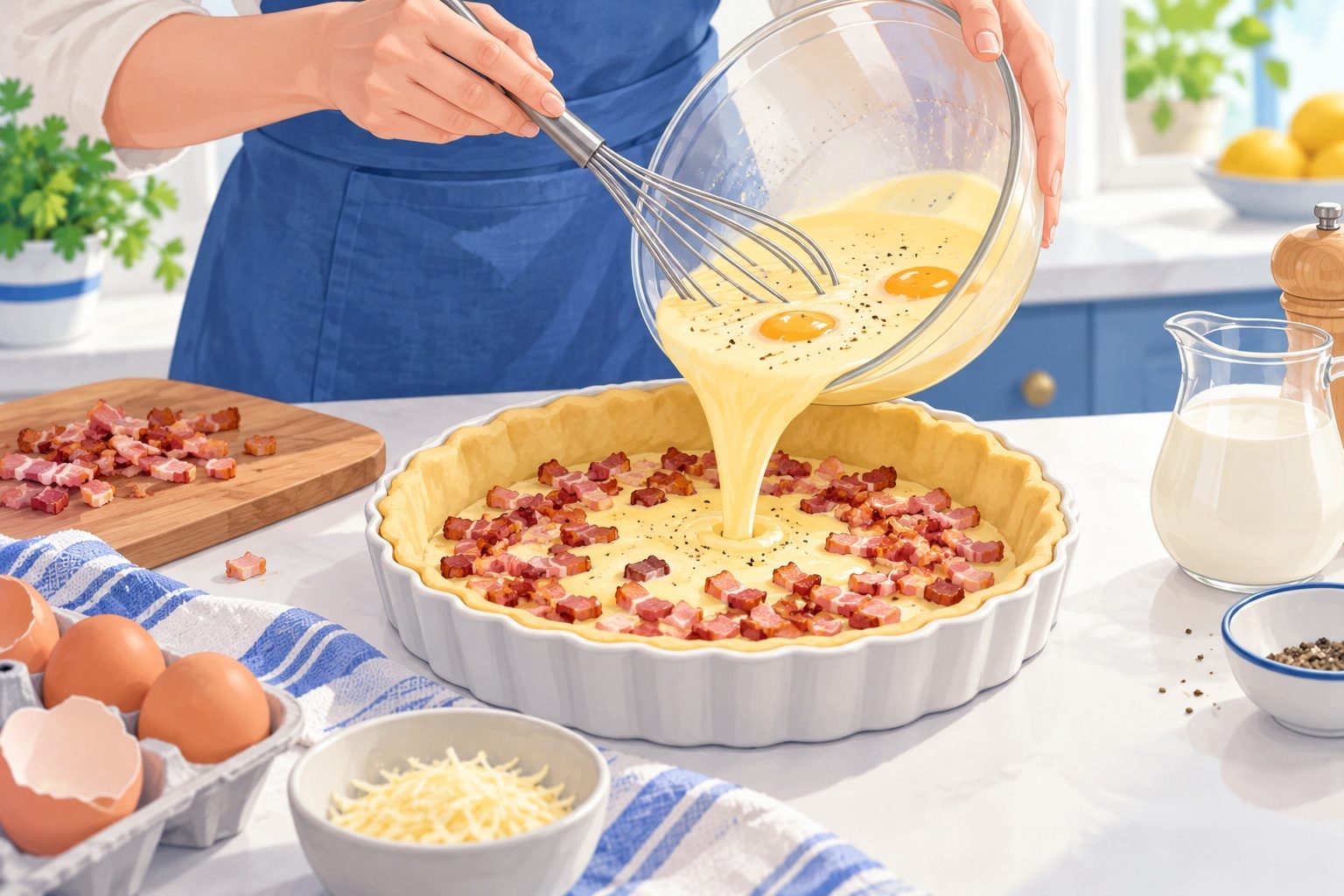 Appareil aux œufs et à la crème versé sur des lardons dans un fond de pâte brisée, dans une cuisine lumineuse
