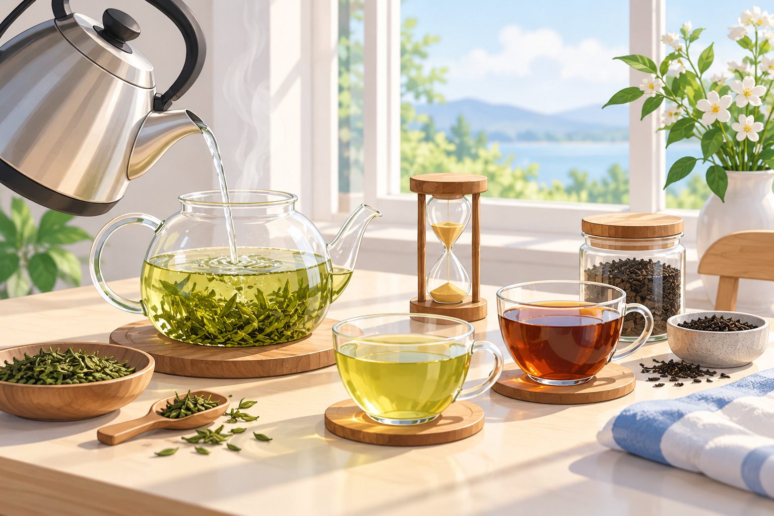 Théière avec une tasse de thé vert et une tasse de thé noir, une bouilloire et un thermomètre sur une table