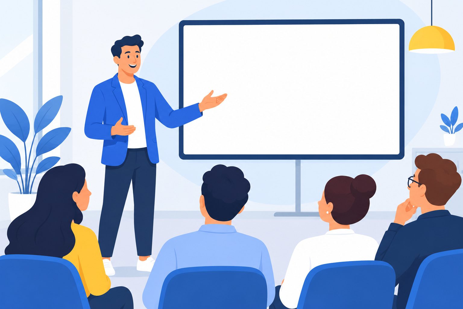 Personne qui fait une présentation devant un petit groupe avec une posture ouverte