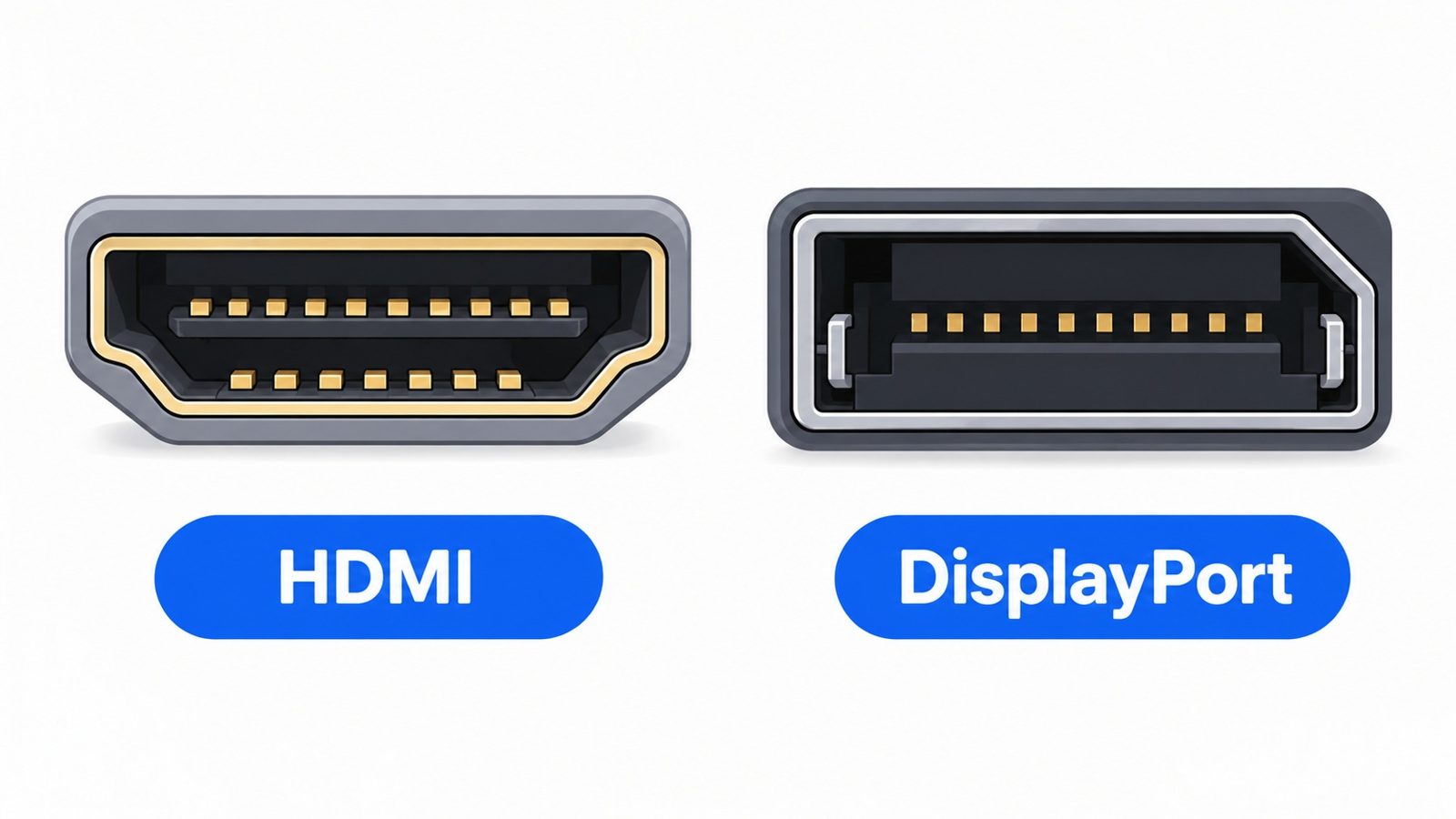 Comparaison d'une prise HDMI trapézoïdale symétrique et d'une prise DisplayPort avec un coin coupé