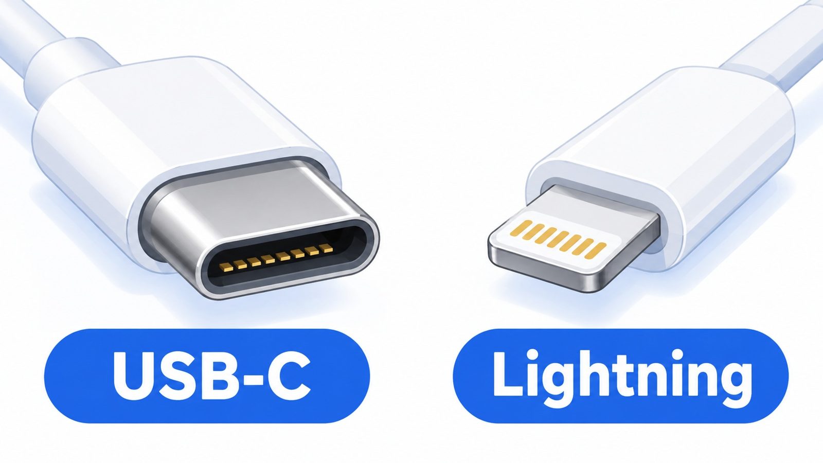 Gros plan comparant une fiche USB-C ovale et une fiche Lightning plate et plus fine