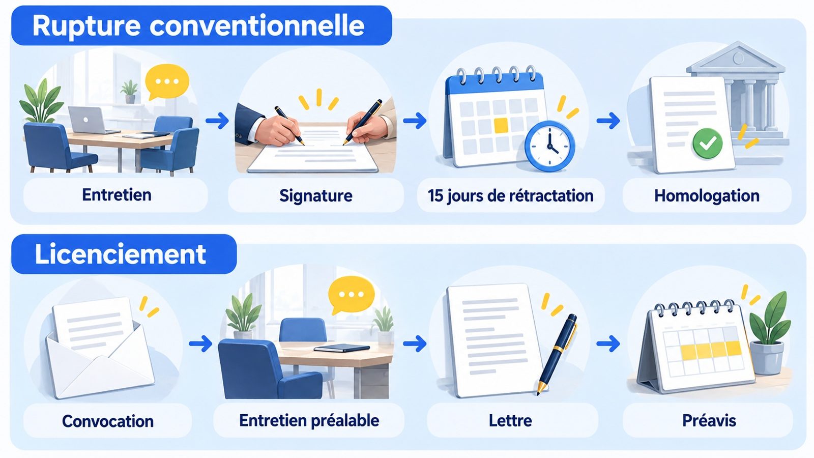 Schéma comparant les étapes d'une rupture conventionnelle et celles d'un licenciement