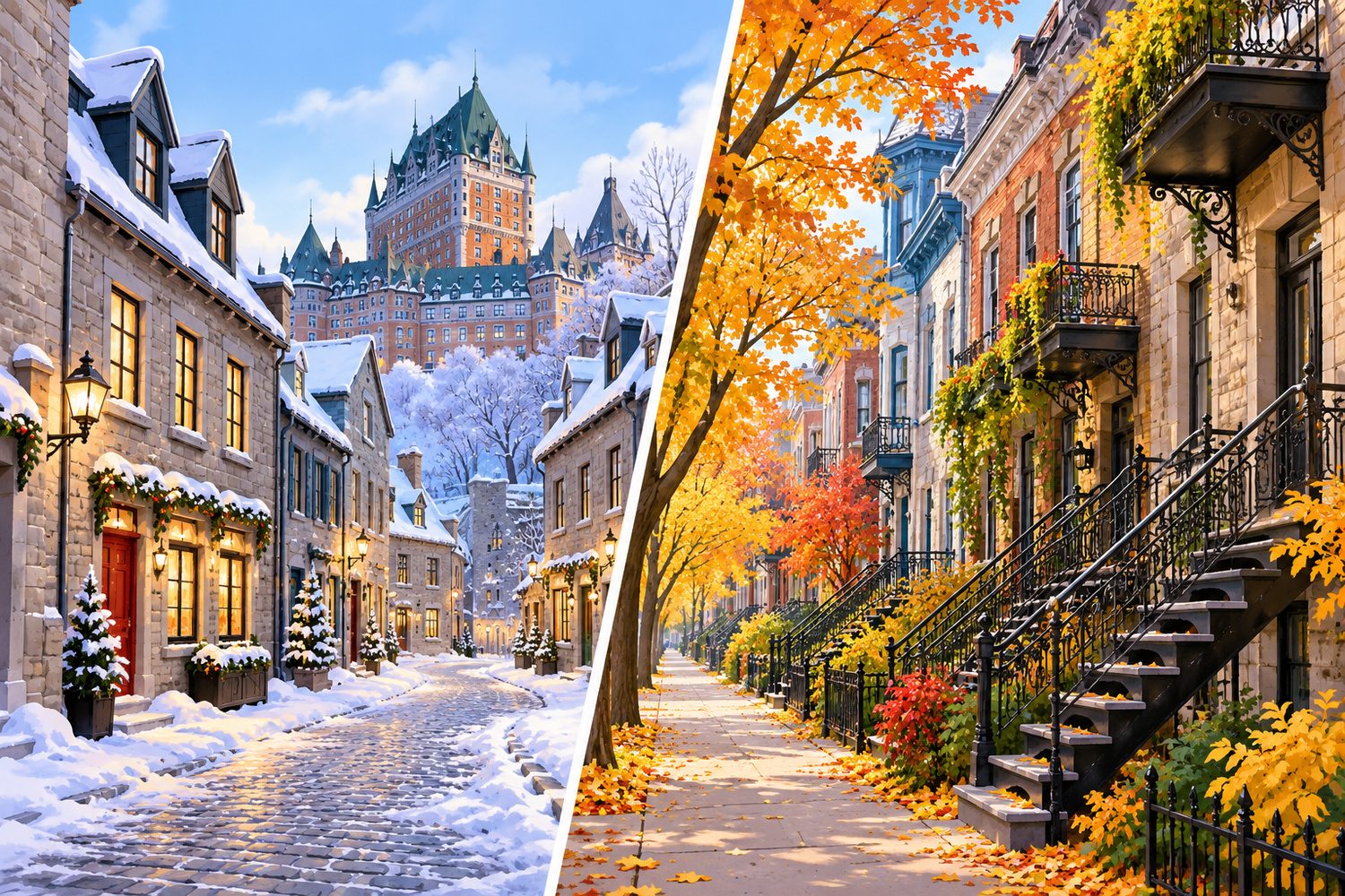 Une rue du Vieux-Québec en hiver et une rue de Montréal en automne