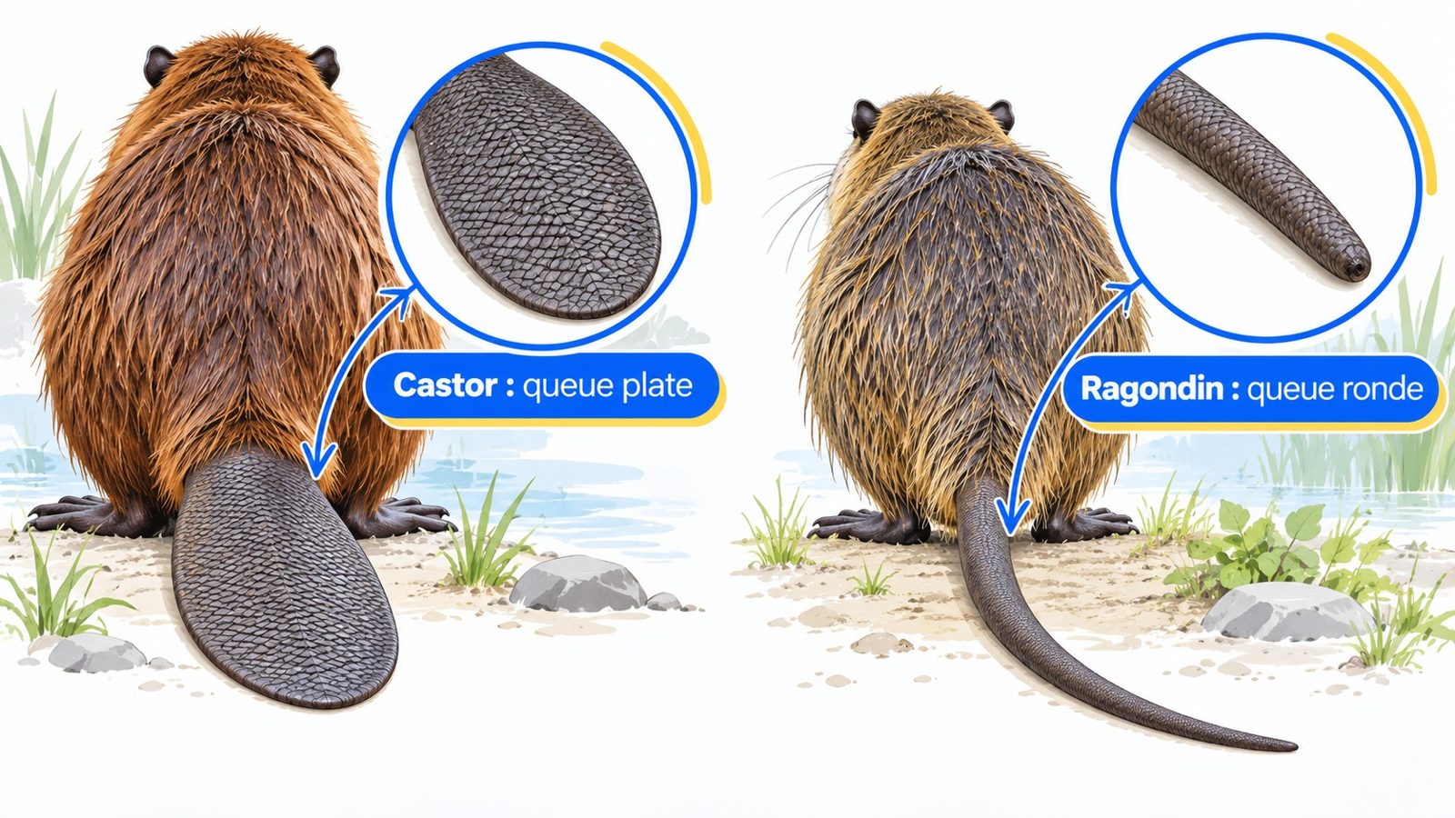 Comparaison de la queue large et plate d'un castor et de la queue ronde et fine d'un ragondin