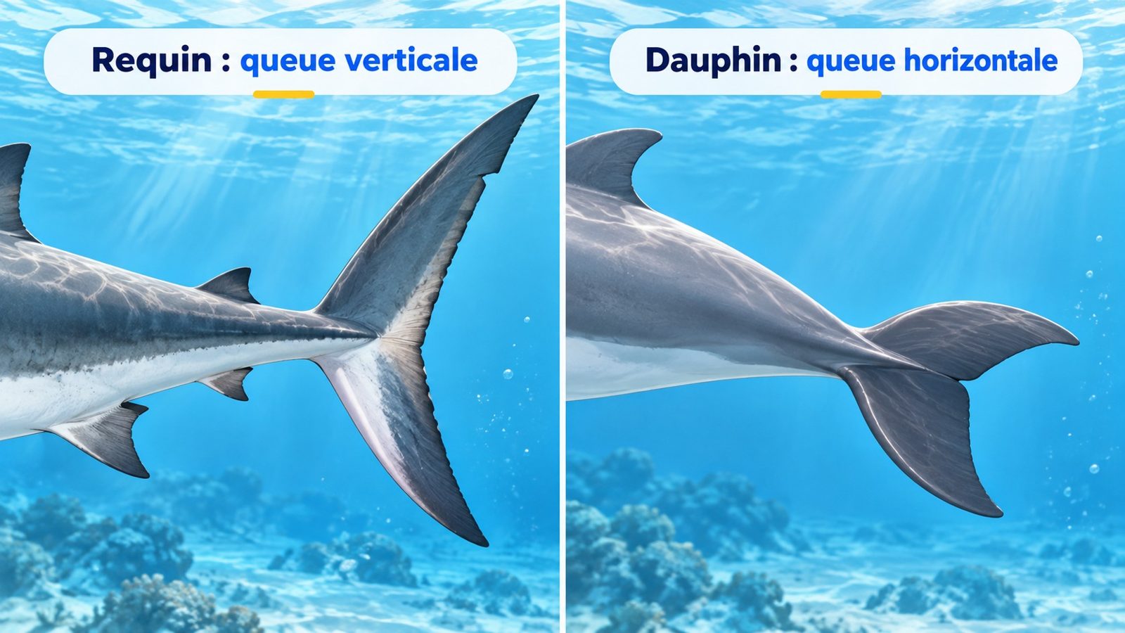 Comparaison sous l'eau de la queue verticale d'un requin et de la queue horizontale d'un dauphin, vues de profil