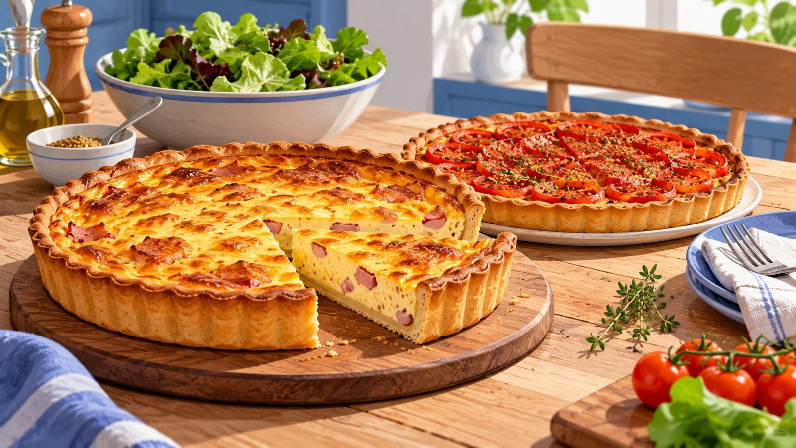 Quiche lorraine dorée à l'appareil fondant à côté d'une tarte salée à la tomate et à la moutarde, sur une table en bois