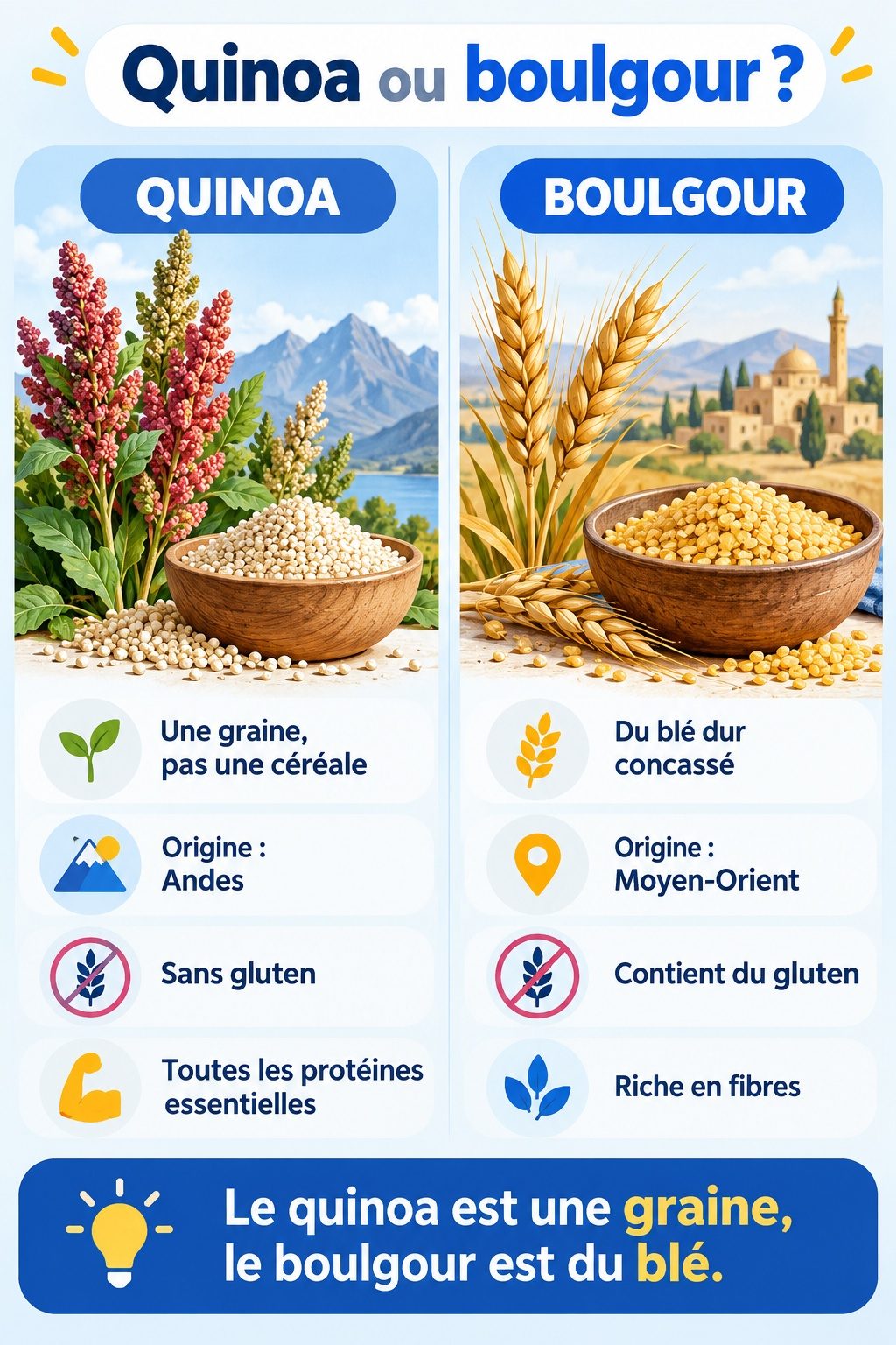 Différence entre quinoa et boulgour : infographie comparative