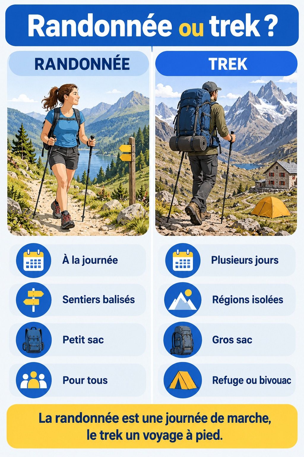 Différence entre randonnée et trek : infographie comparative