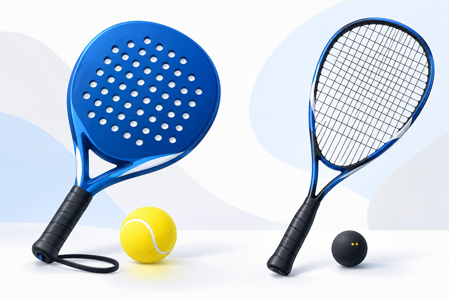 Raquette de padel pleine et raquette de squash cordée avec leurs balles