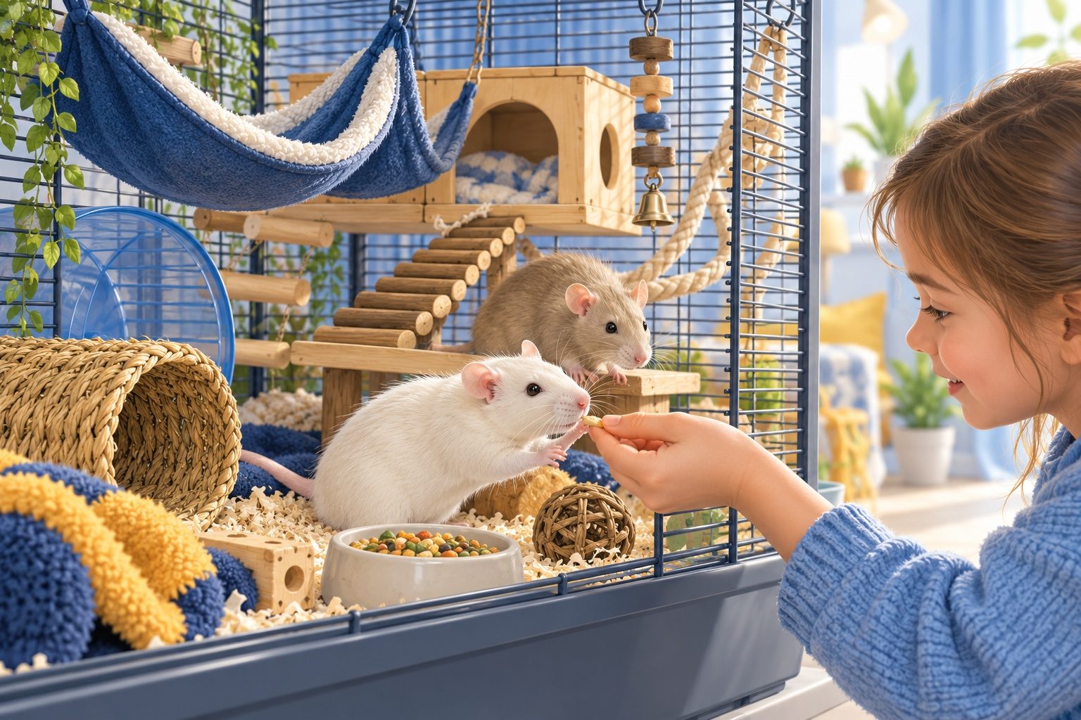Deux rats domestiques dans une grande cage avec une enfant