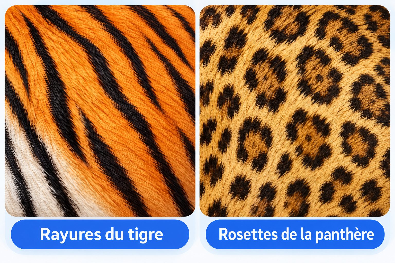 Comparaison des rayures du tigre et des rosettes de la panthère