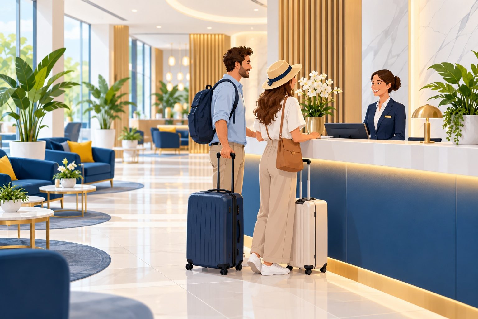 Hall d'hôtel lumineux avec un comptoir de réception et une réceptionniste qui accueille des clients
