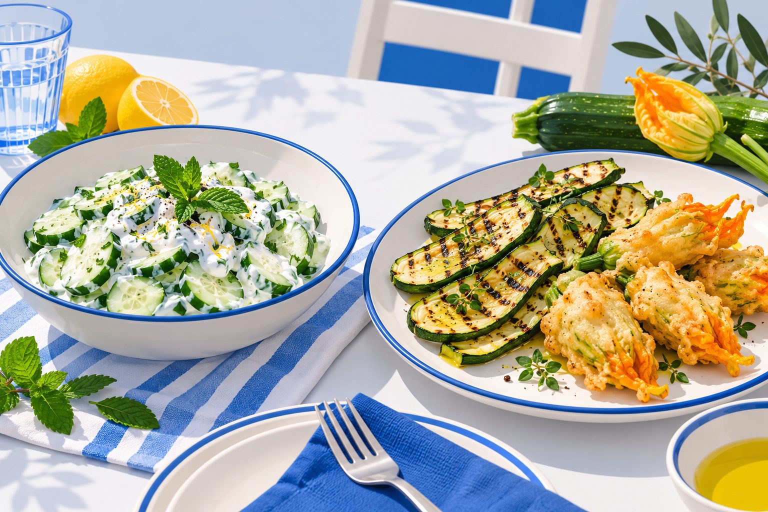 Salade de concombre au yaourt, courgettes grillées et beignets de fleurs de courgette