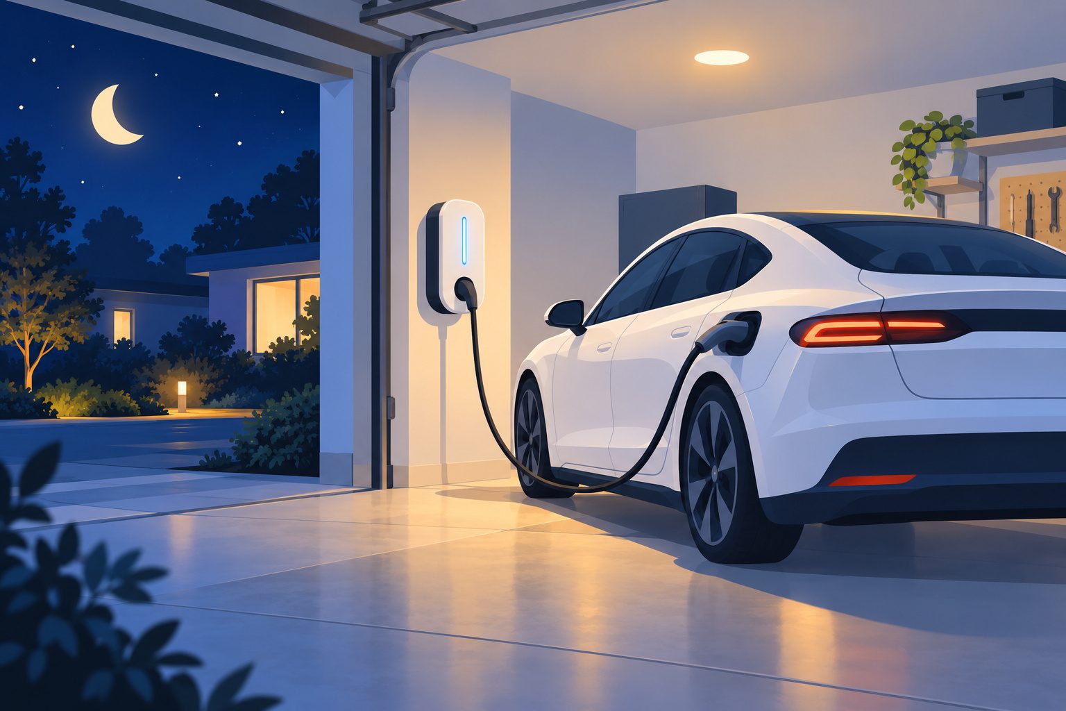 Voiture hybride rechargeable branchée sur une wallbox à la maison