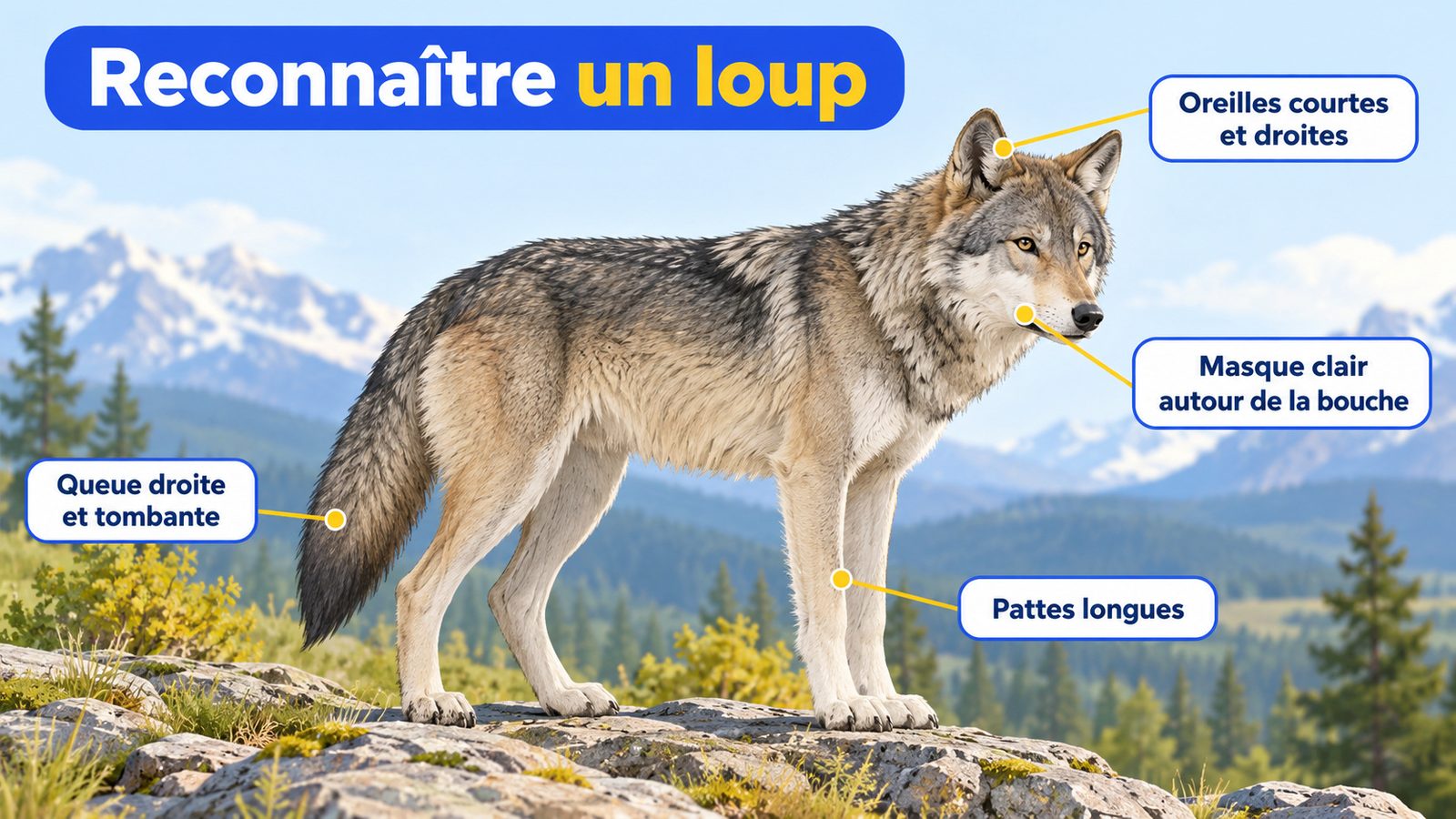 Schéma pour reconnaître un loup : oreilles, masque clair, pattes et queue