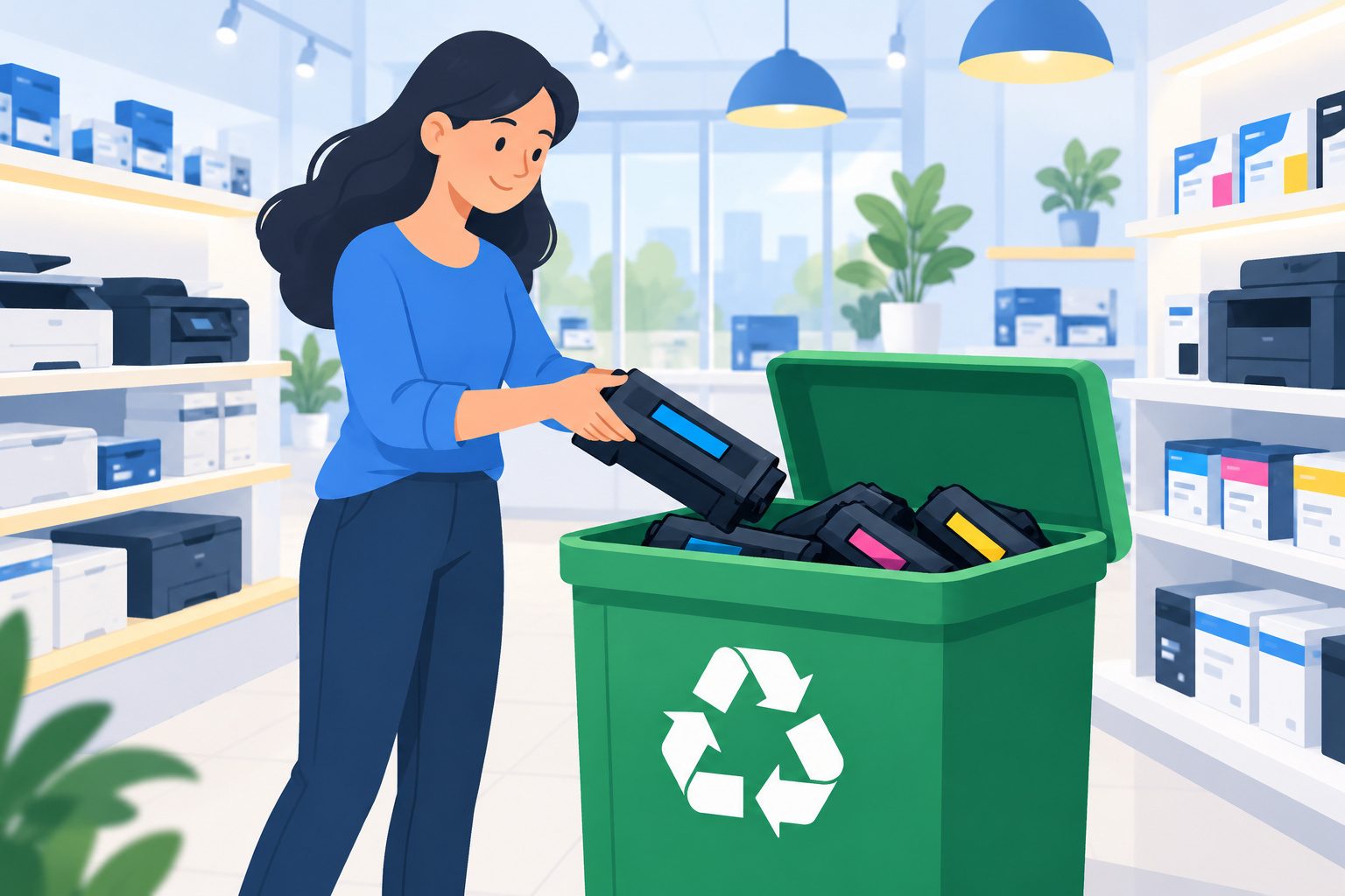 Cartouches de toner usagées déposées dans un bac de recyclage